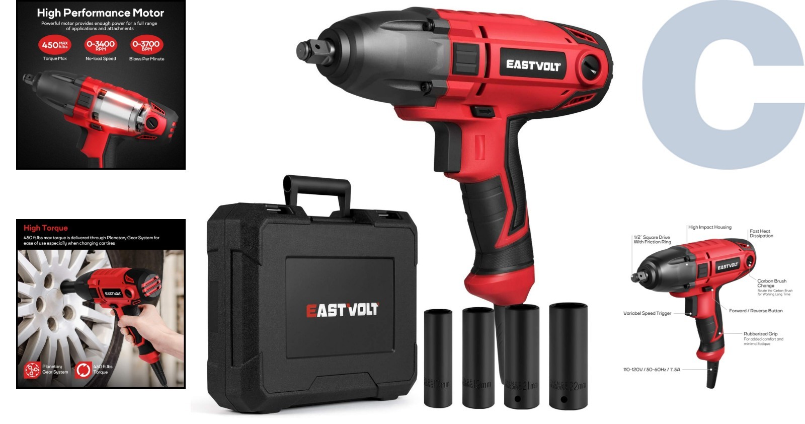 Efficient 800W Electric Impact Wrench – 450 Ft-lbs Torque, Lightweight Design