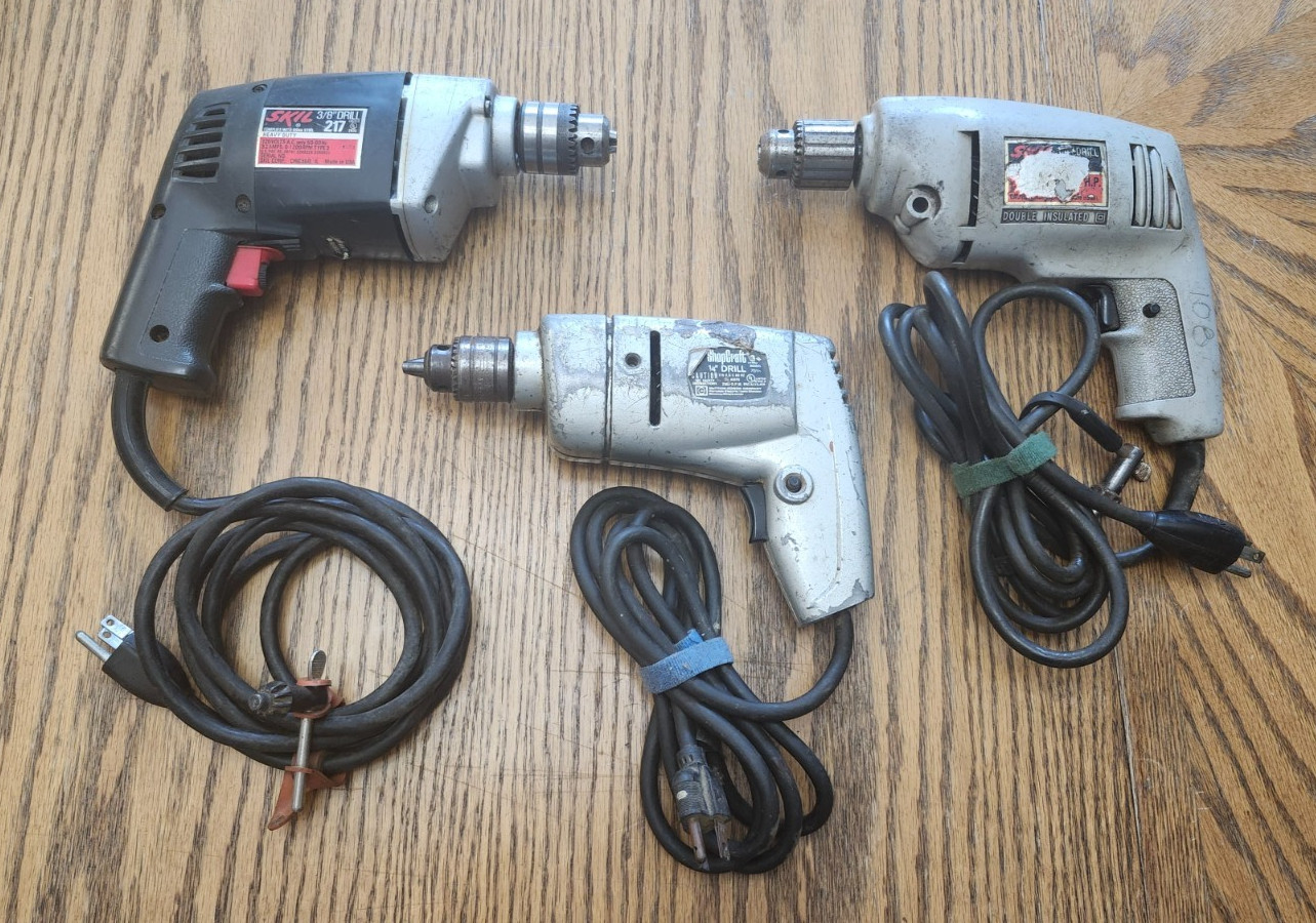 Lot (3) Corded Reversing Power Drills [TESTED] Ball/Needle Bearings Made in USA