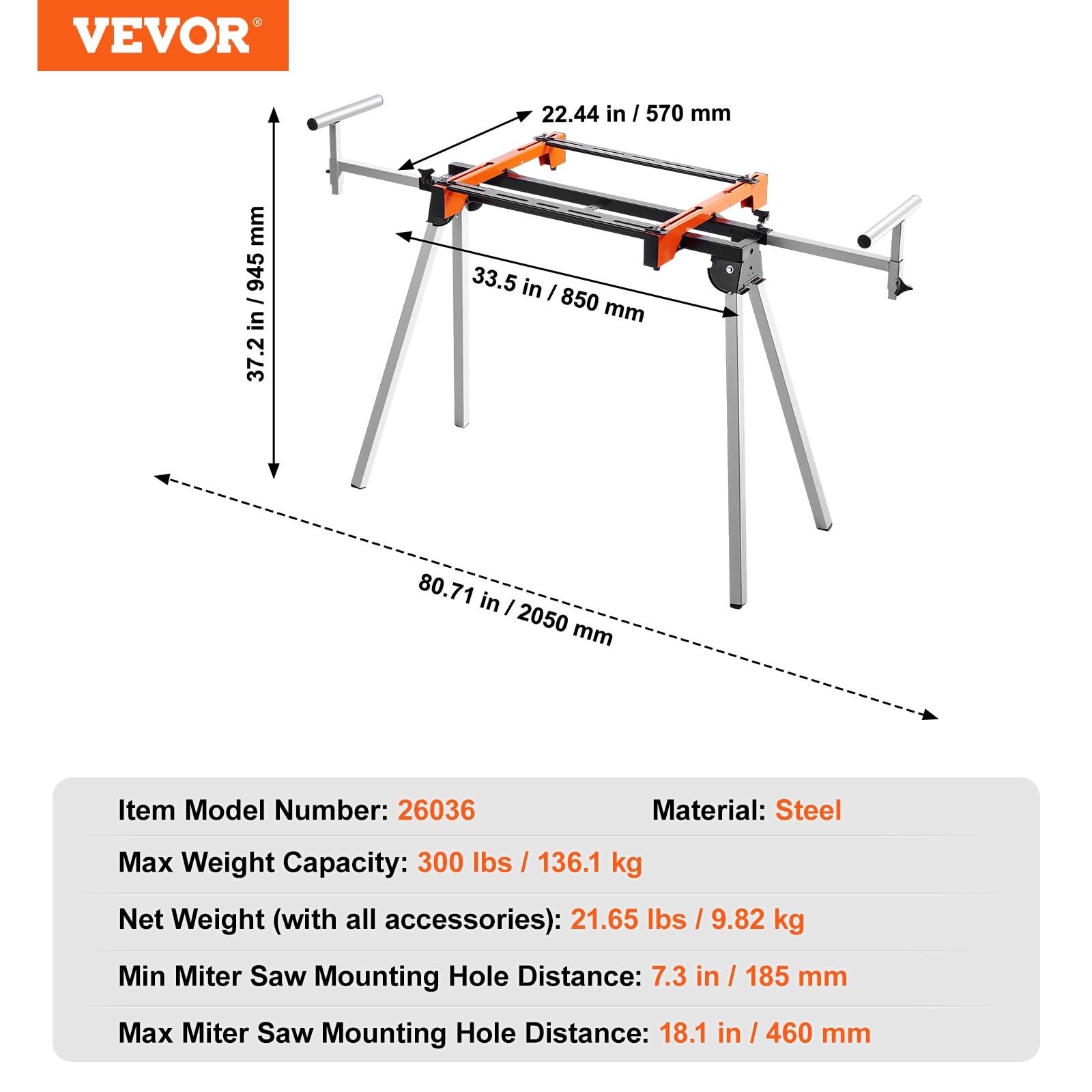 VEVOR 80in Collapsible Rolling Miter Saw Stand With 80 In/300LBS, Black