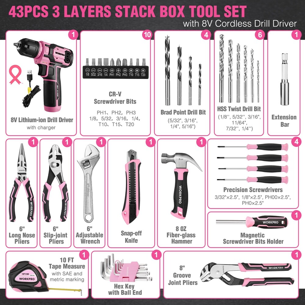 WORKPRO Cordless Drill Driver 43PCS Pink Tool Set 8V Lithium-ion Power Drill Bit