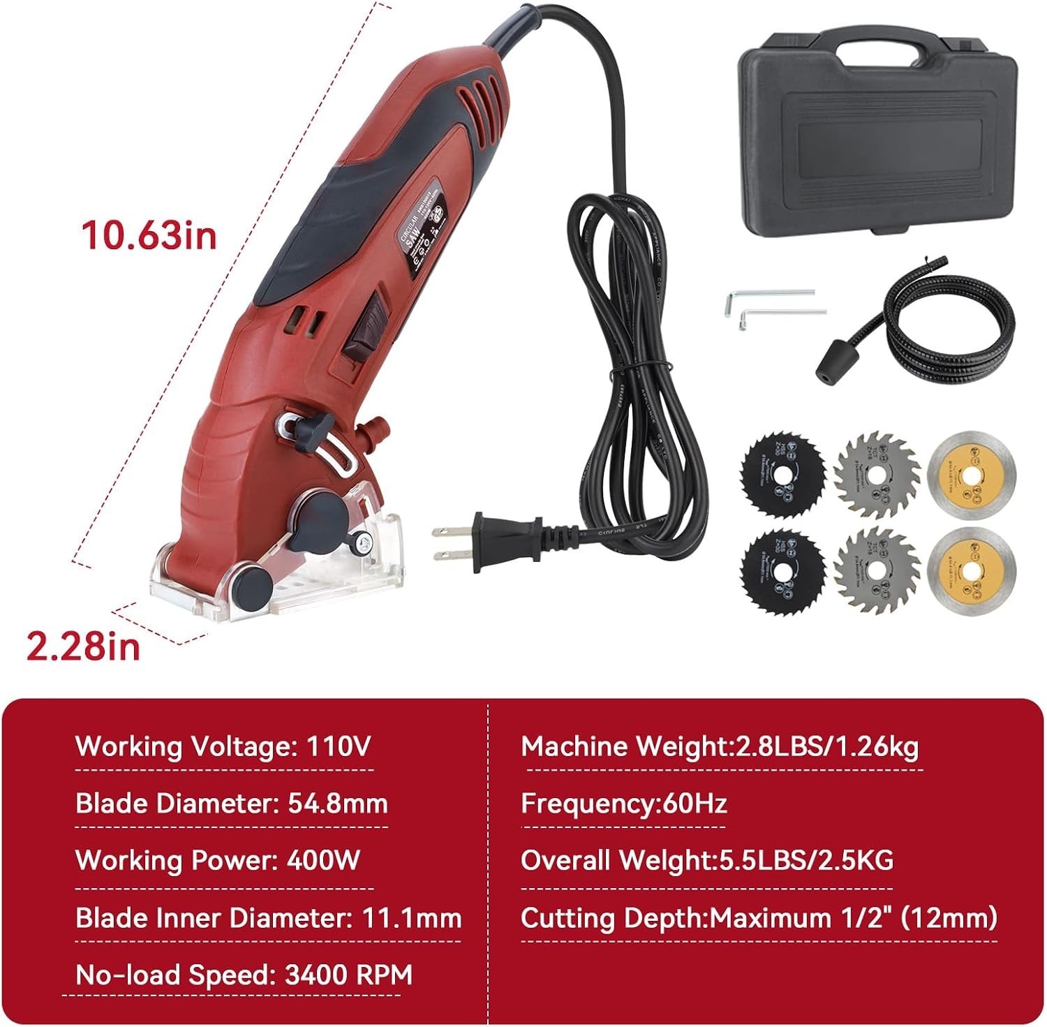 Corded Mini Circular Saw, 400W 110V 3400RPM Multifunction Handheld with 6 Blades