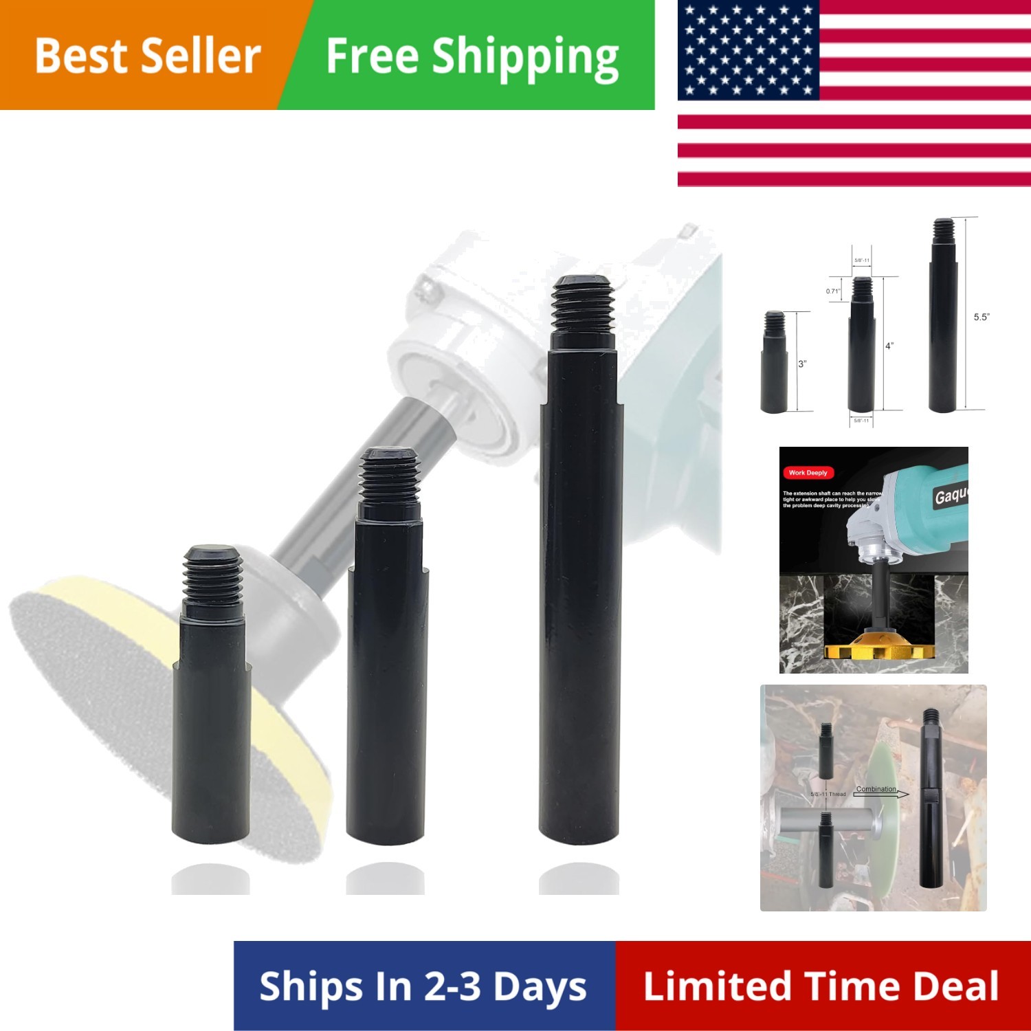 5/8&Prime;-11 Angle Grinder Extension Shaft Set Airway Buff Extender Kit 3 Packs Co…