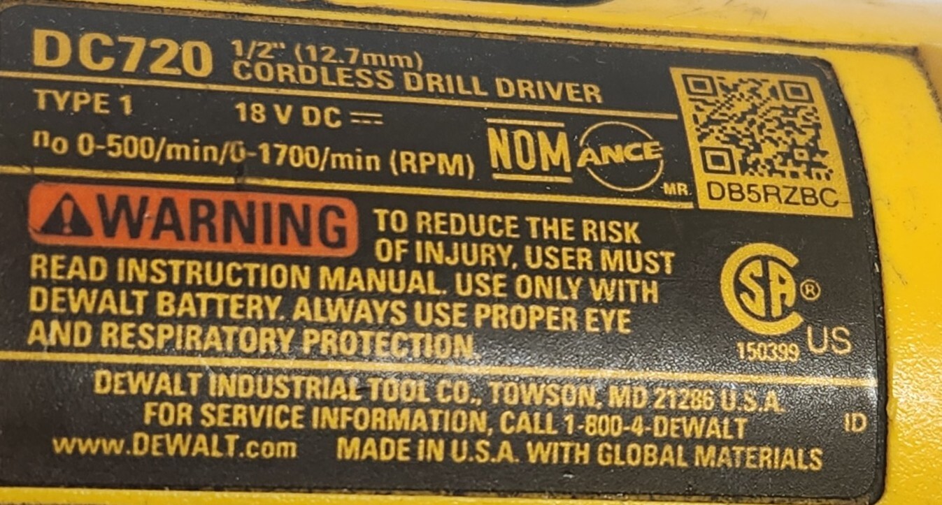 Used OEM Clamshell DeWALT DC720 (Type 1) 640567-00 for Drill