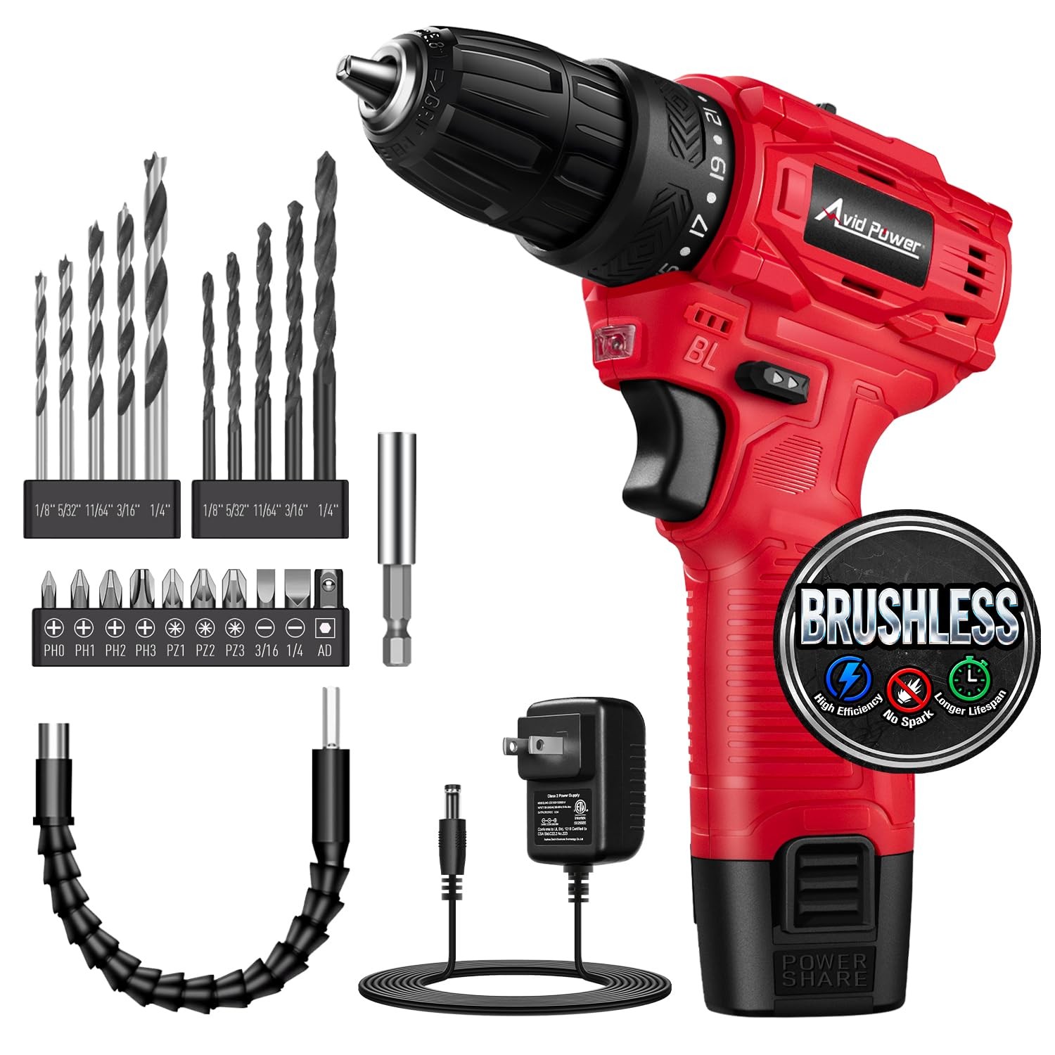 Brushless Power Drill Set, 2-Speed Control, 3/8-Inch Keyless Chuck & 25+1 Pos…