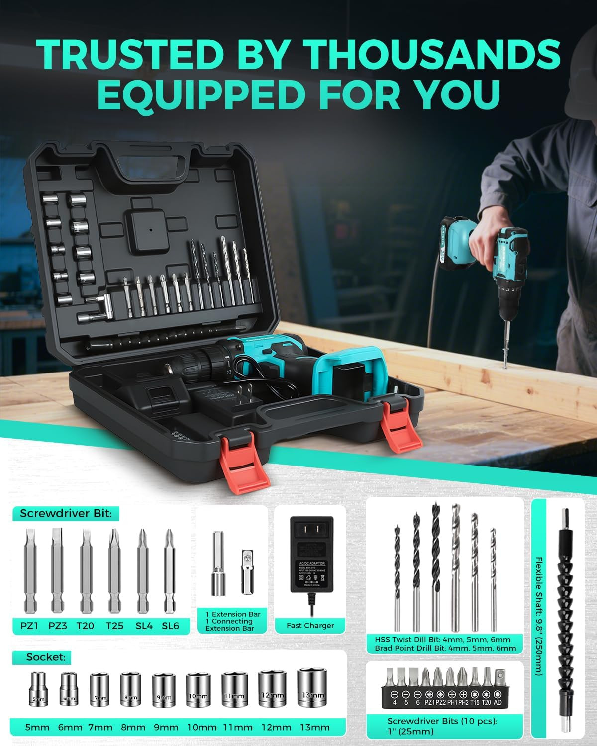 20V Cordless Drill Set, 1 Battery, Charger, 3/8&Prime; Chuck, 34 Bits