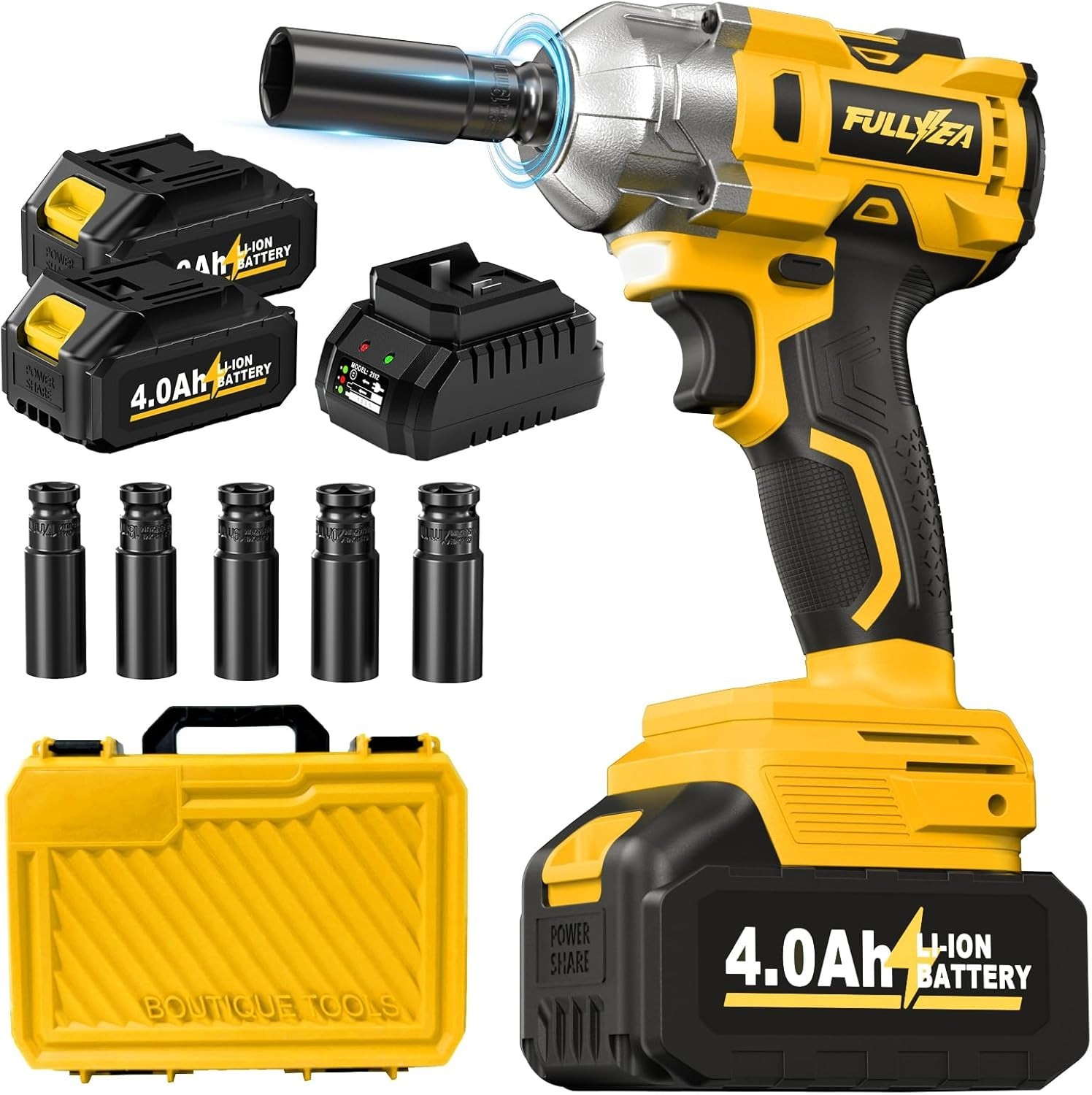 Llave de Impacto 21V 550 N·m 1/2&Prime; con 2 Baterías, LED y 5 Vasos. Nuevo