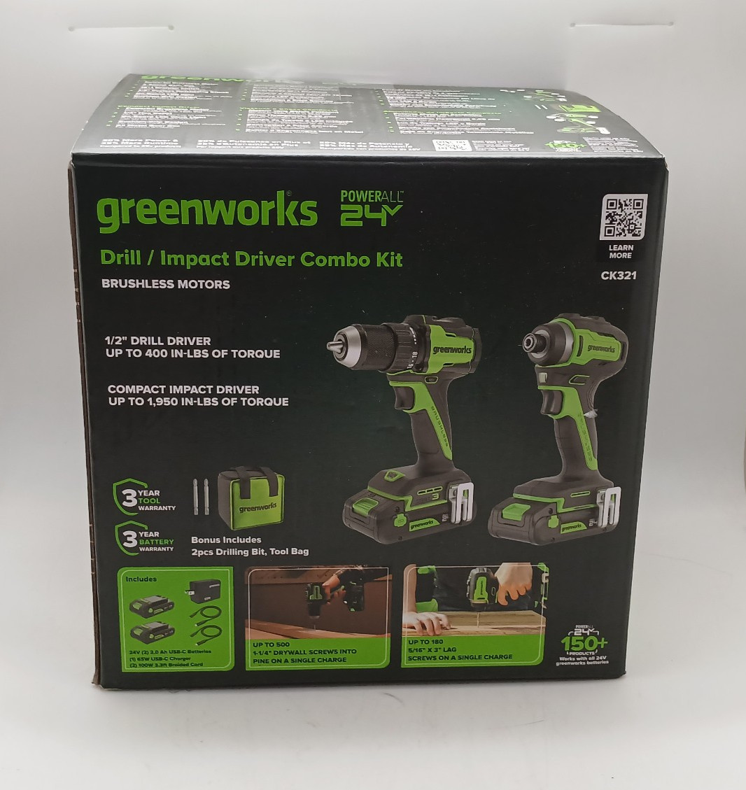 Greenworks 24V Drill & Impact Driver Combo Kit 3 Batteries 4Ah 2Ah