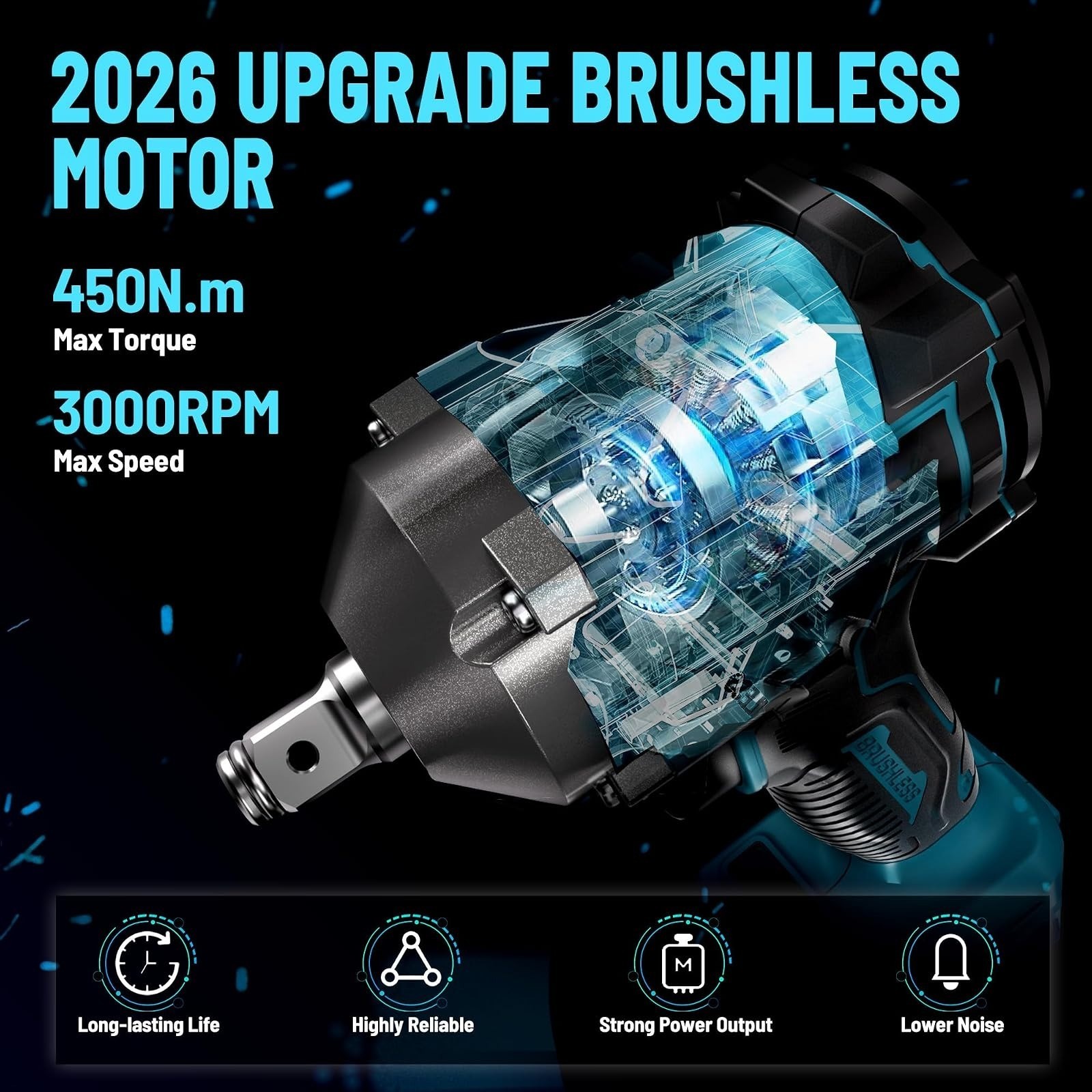 GEVEELIFE 450Nm Brushless Impact Wrench 21V 4Ah Battery 1/2in Kit