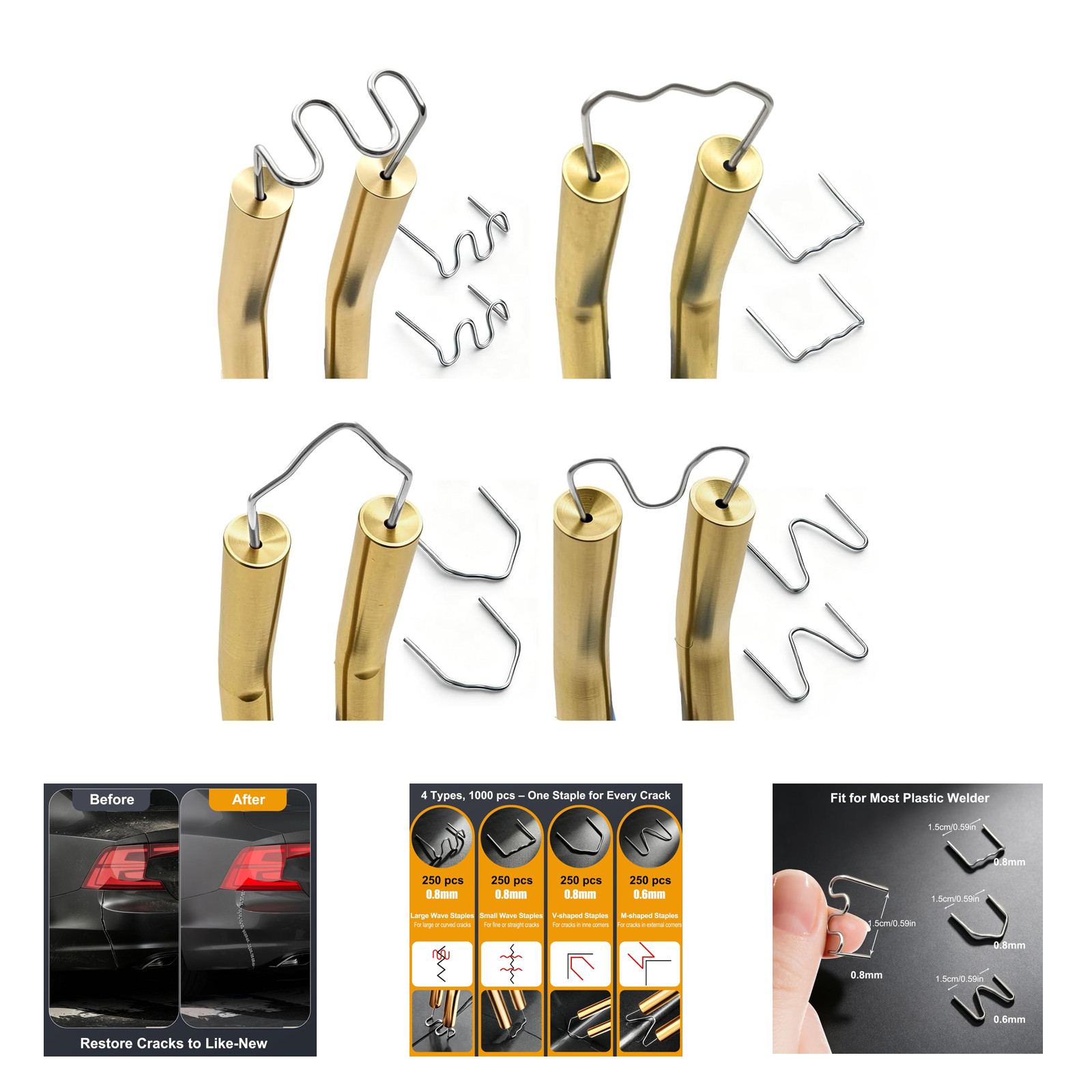 Plastic Welder Staples Kit 4 Types 0.8mm Wave Flat V 0.6mm M Auto Body Repair