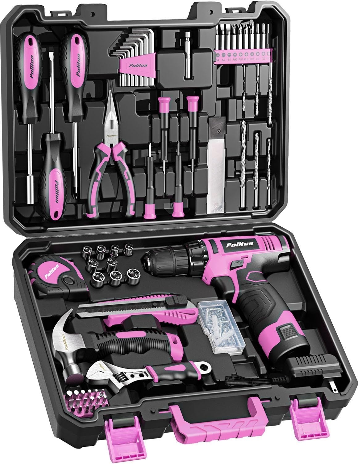 Drill Set, 149-Piece Home Tool Set with 12V Pink Cordless Drill, Tool Box, Ha…