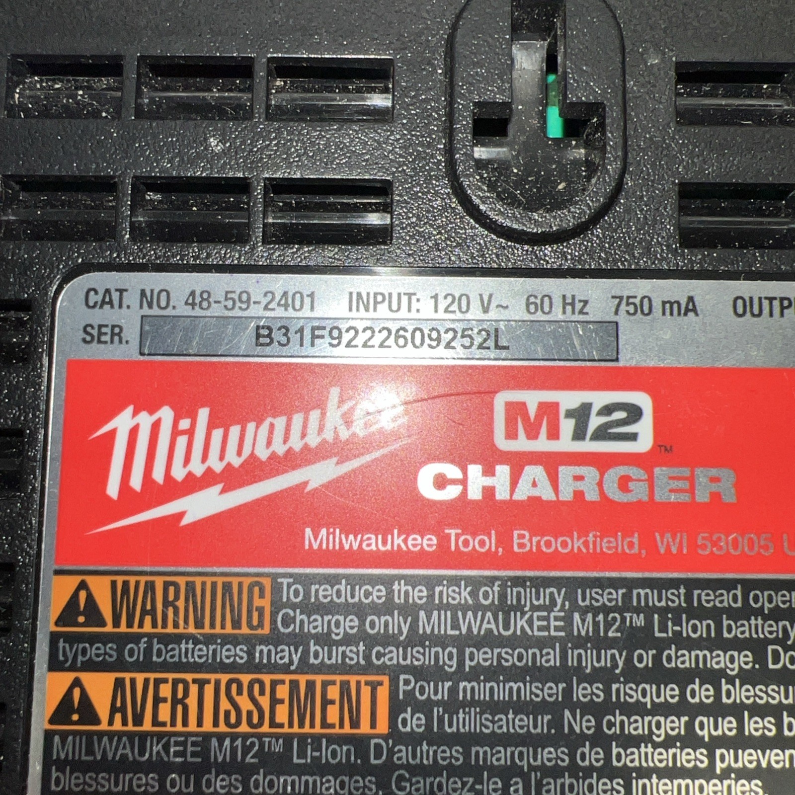 Genuine Milwaukee 48-59-2401 M12 12V Lithium Ion Battery Charger / Charger Only