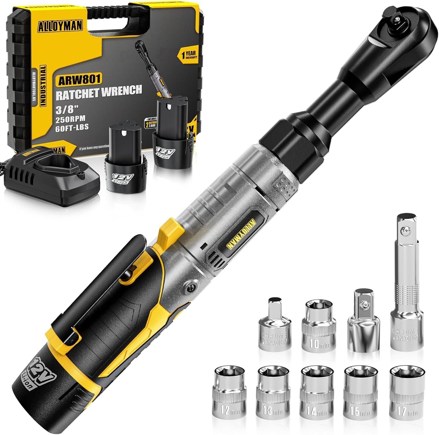 3/8&Prime; Cordless Ratchet Wrench Set, 60FT-LBS(80N.m) Electric Ratchet, 12V Extended
