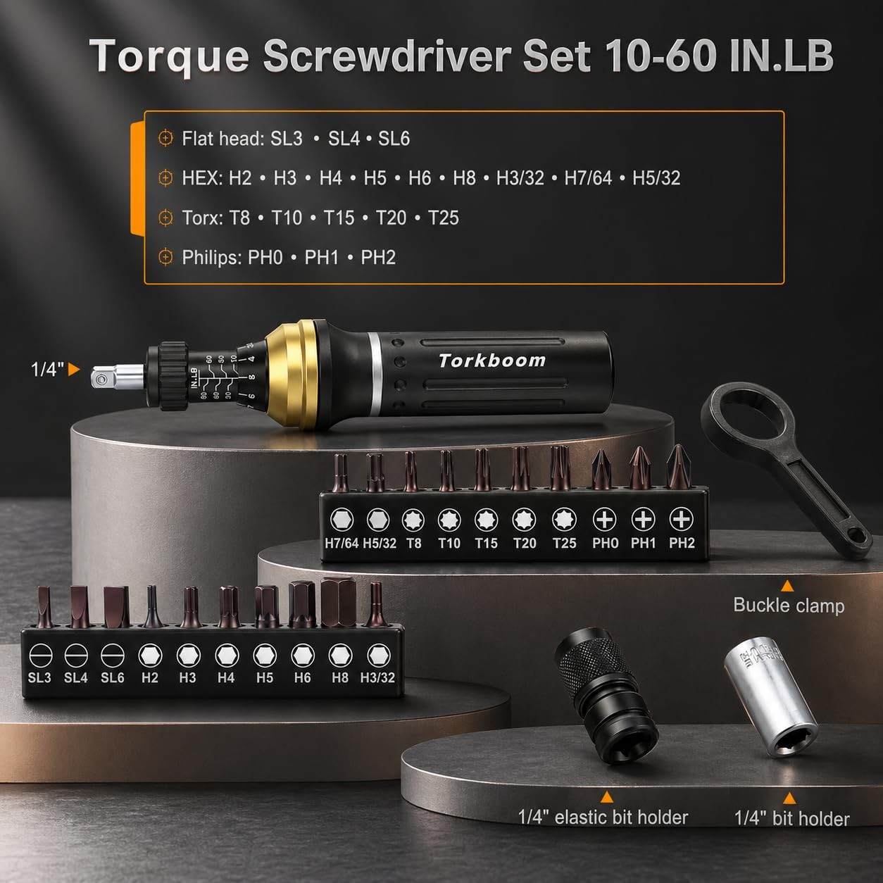 Torkboom Torque Screwdriver Set 10-60 in.lb, Square Drive 1/4 inch, Black