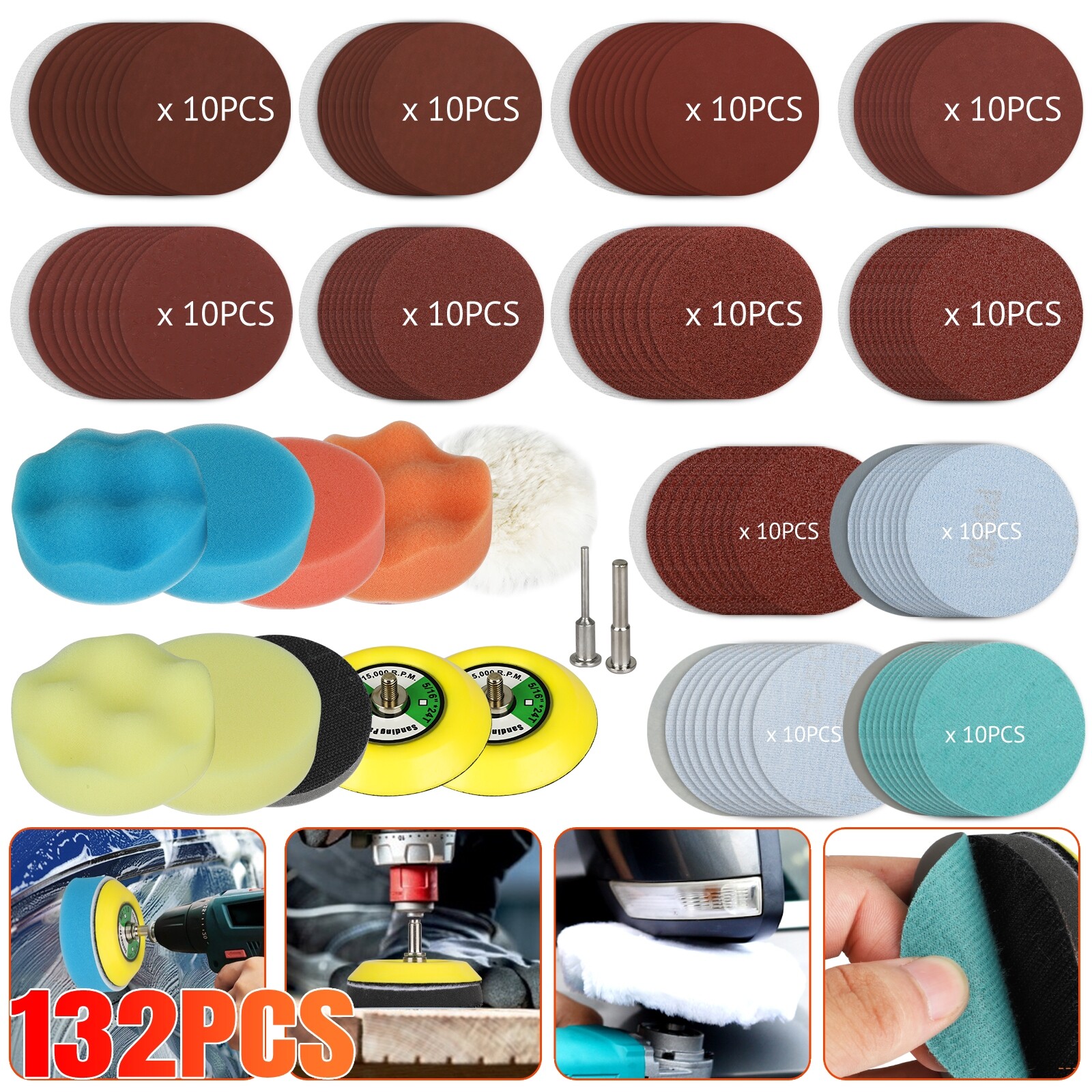132Pcs 3inch Sanding Discs Foam Buffing Polishing Sponge Sander Buffer Pad Kit