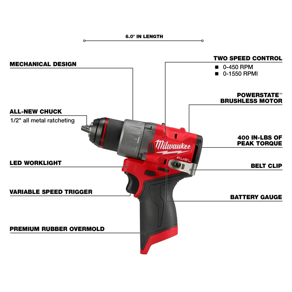 Milwaukee 3403-20 M12 FUEL 12V 1/2&Prime; Cordless Li-ion Drill/Driver – Bare Tool