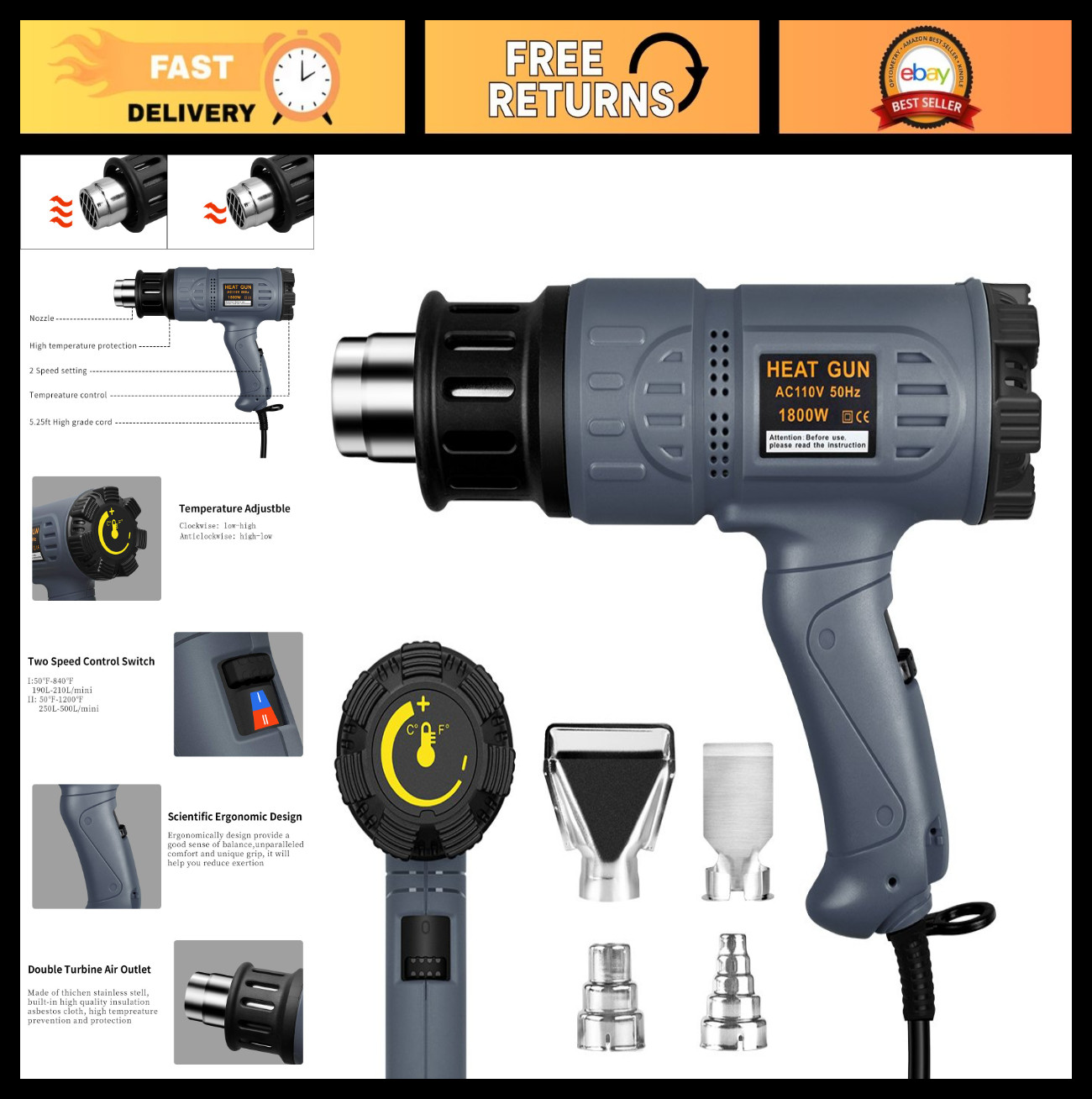 1800W Industrial Heat Gun with Variable Temp Control, Overheat Protection & 4 No
