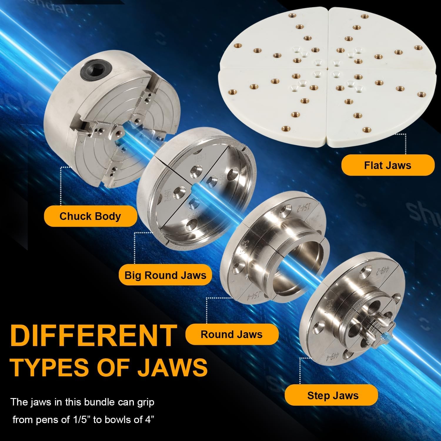 4 Inch Wood Lathe Chuck Set 1&Prime; x 8 Tpi Thread & 3/4&Prime;x16 Tpi Adapter with 3 Jaws