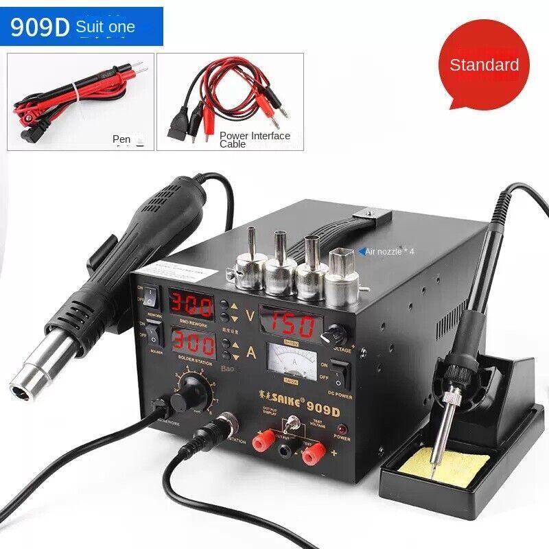 909D Hot Air Gun Station + Soldering Iron + DC Power Supply 3 in 1 Rework