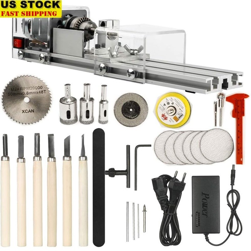 Powerful Mini Wood Lathe 100W 7000RPM 7 Speed DIY Tool Kit W/ Accessories New