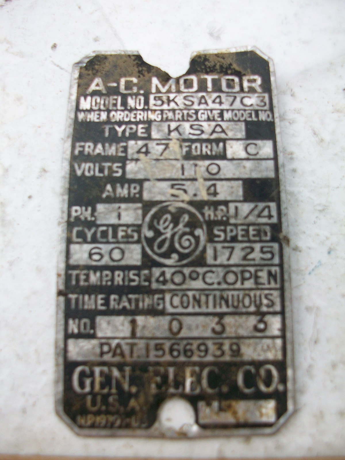 Nameplate -Gen Electric Co. vintage 1/4 HP Electric Motor Model 5KSA47C3 rivets