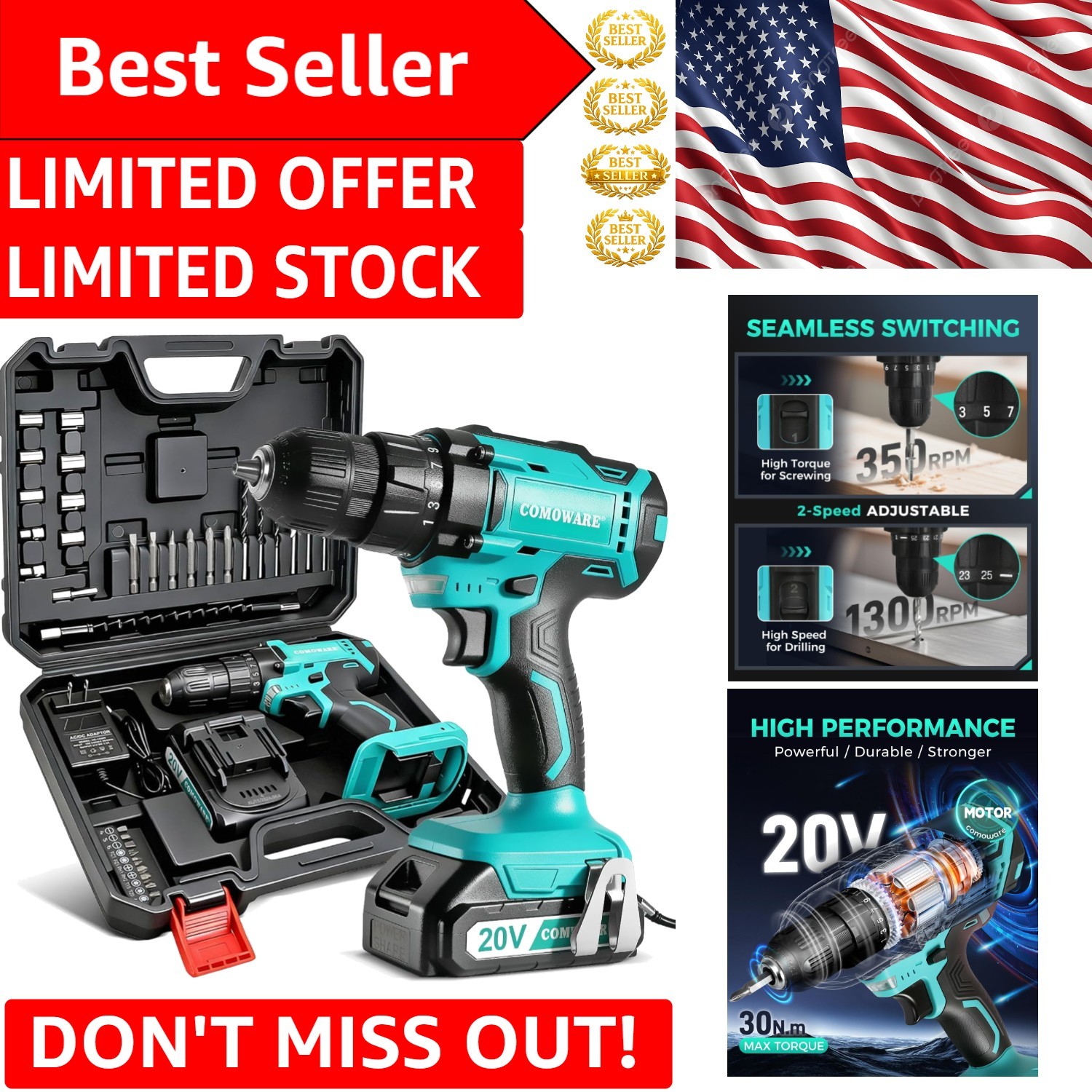 266 In-lb Torque Cordless Drill with 2 Variable Speeds & LED Light – 34pc Kit