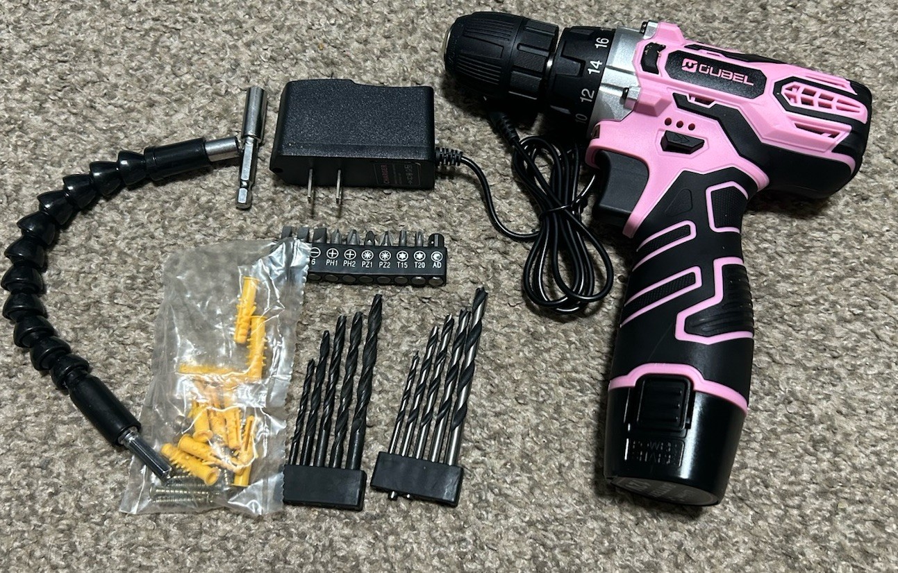 New In Box Set, OUBEL 12V Cordless Drill Pink w/ 42 Acessories, Pink Power Drill