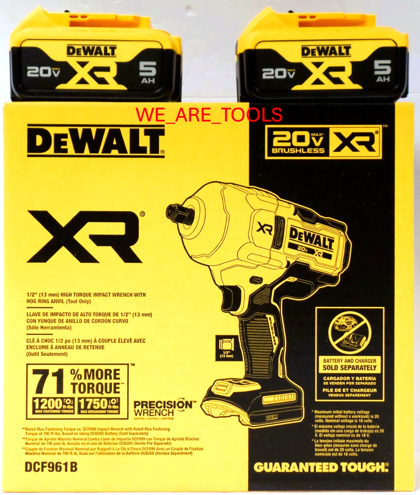Dewalt DCF961B 20V XR 1/2&Prime; High Torque Impact Wrench, 2) DCB205 5.0 Ah Battery