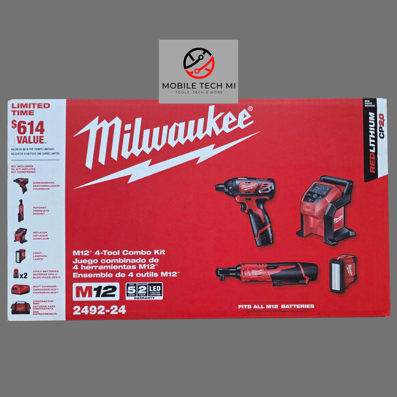 Milwaukee 2492-24 M12 4-Tool Combo Kit – Screwdriver Ratchet Inflator ROVER 2.0
