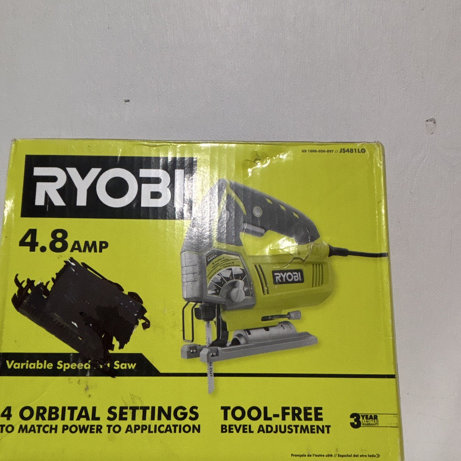 Ryobi JS481LG 4.8 Amp Variable Speed Corded Jigsaw, 4 Orbital, Tool-Free Bevel