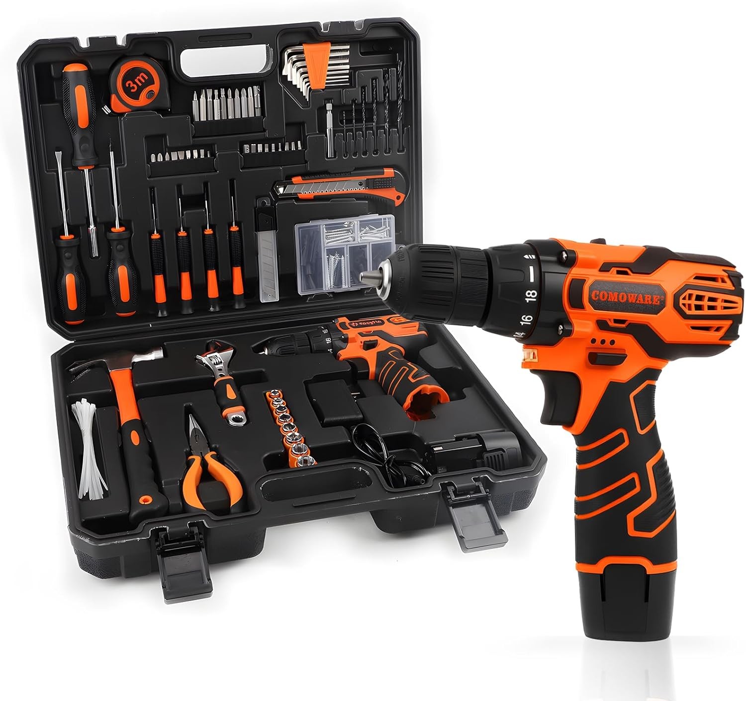 COMOWARE 195PCS Home Tool Kit with 12V Cordless Drill & Storage Case, Orange
