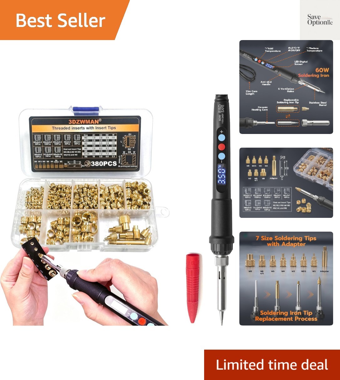 Heat Set Insert Tools kit with 60W Soldering Iron & 380 Pcs Threaded Insert |…