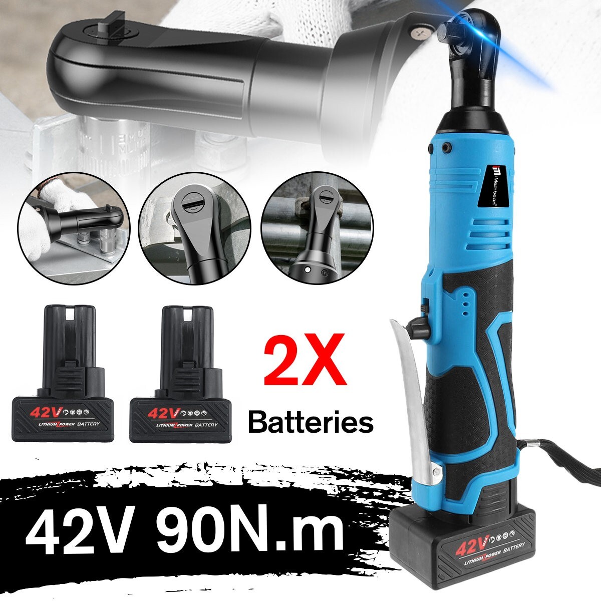 Cordless Electric Ratchet Wrench 3/8&Prime; 66 Ft-lbs 260 RPM 42V Power 2 Battery