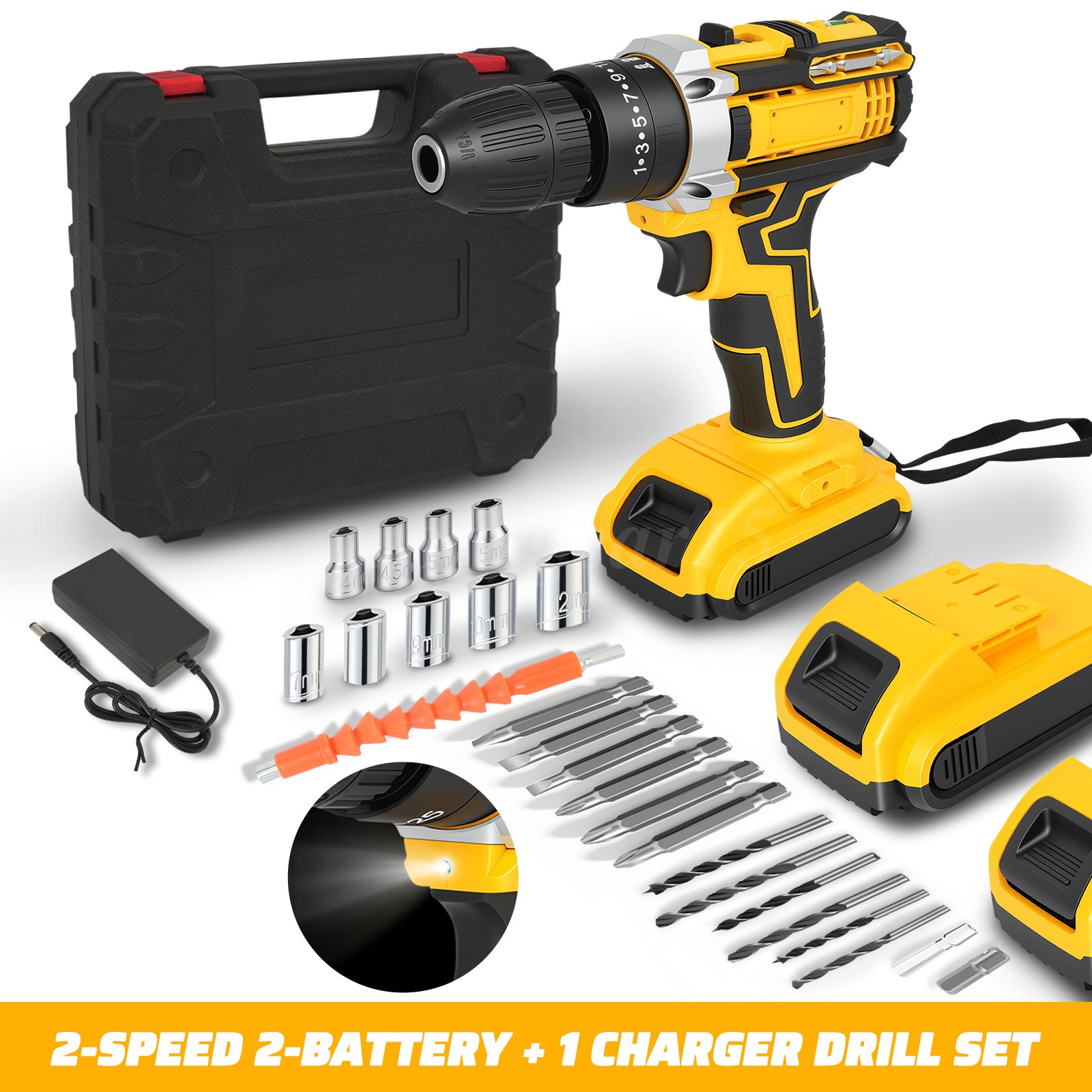Cordless Brushless Impact Driver Hammer Drill Combo Kit with 2 Battery & Charger
