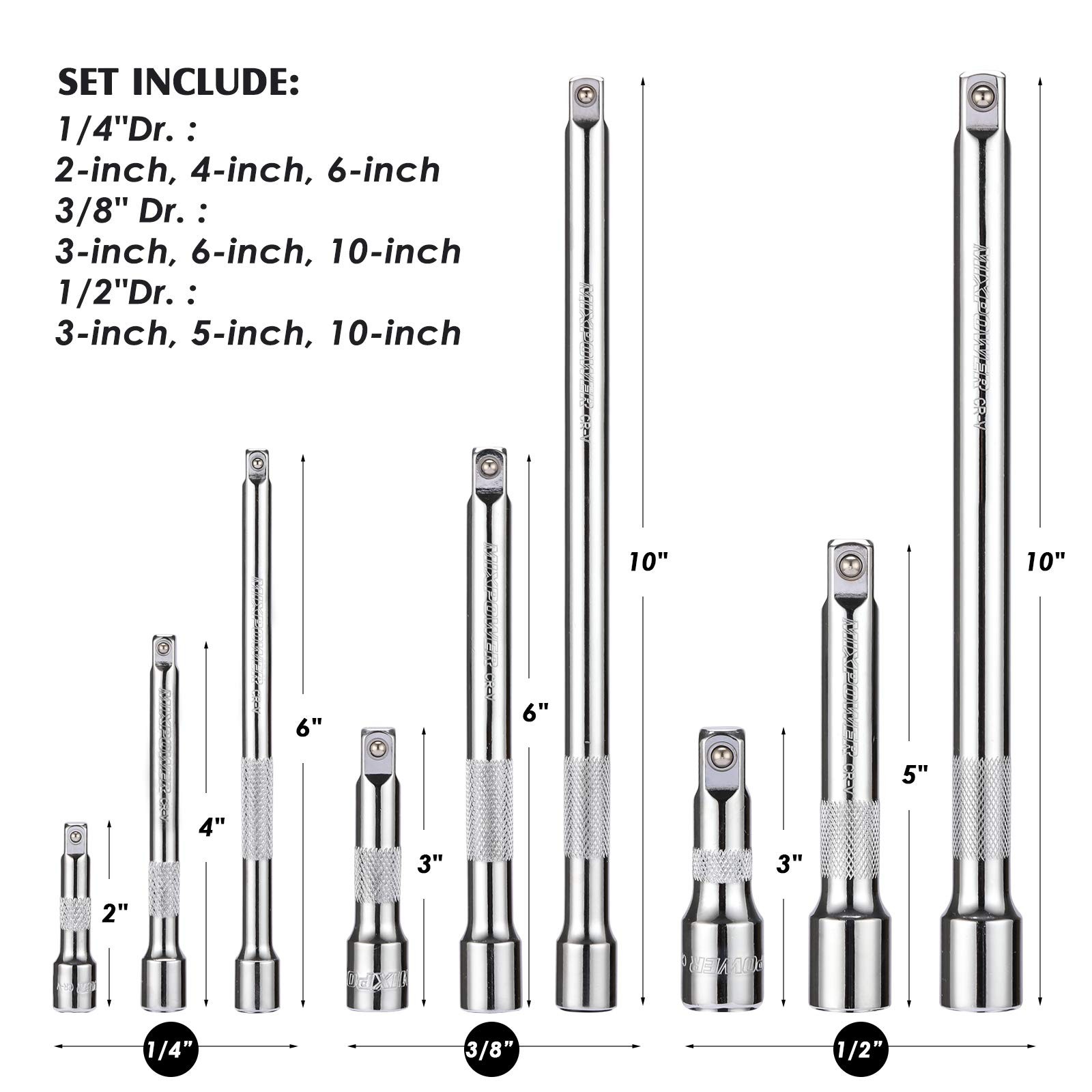 MIXPOWER 9-Piece Extension Bar Set, 1/4&Prime;, 3/8&Prime; and 1/2&Prime; Drive Socket One Size
