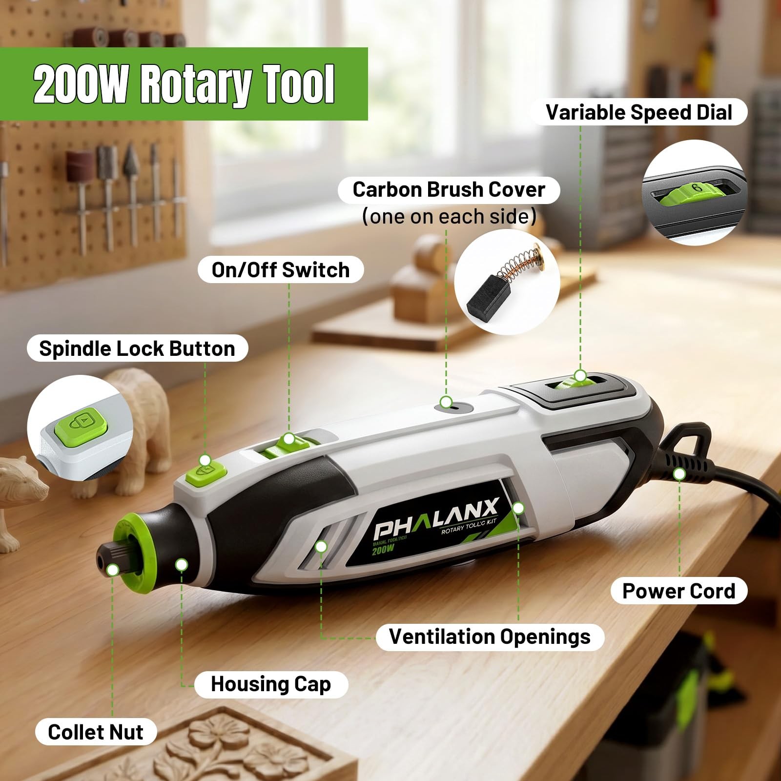 PHALANX 200W Rotary Tool Kit 6 Speed Flex Shaft 132pcs Accessories PDM-160D