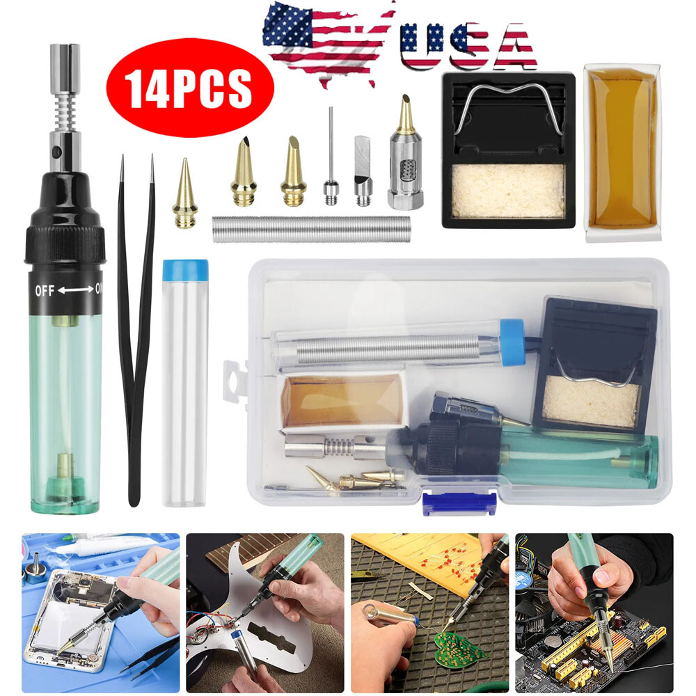 14Pc Gas Butane Soldering Iron Torch Pen Cordless Welding Solder Burner Tool Kit