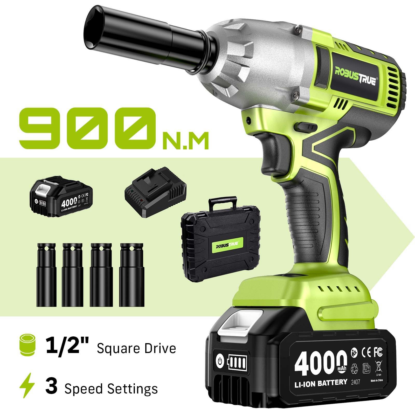 Robustrue 900N.m Cordless Impact Wrench 1×4.0Ah Batt 1H Charge