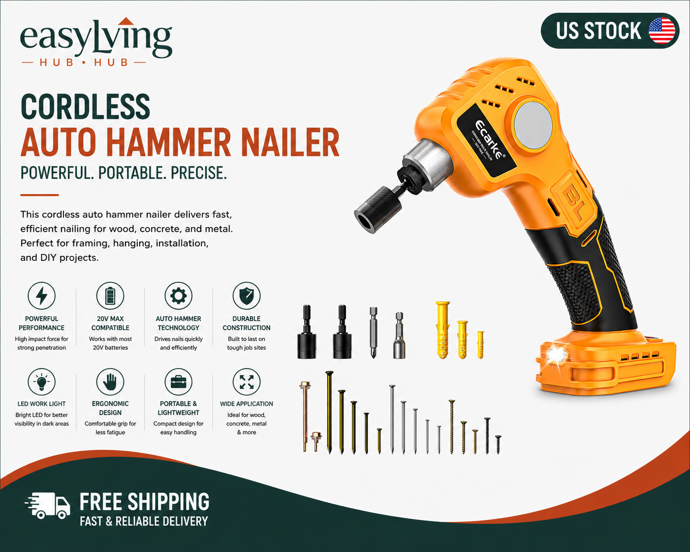 Cordless Palm Nailer Compatible with DeWalt 20V Battery (Tool Only) – 600
