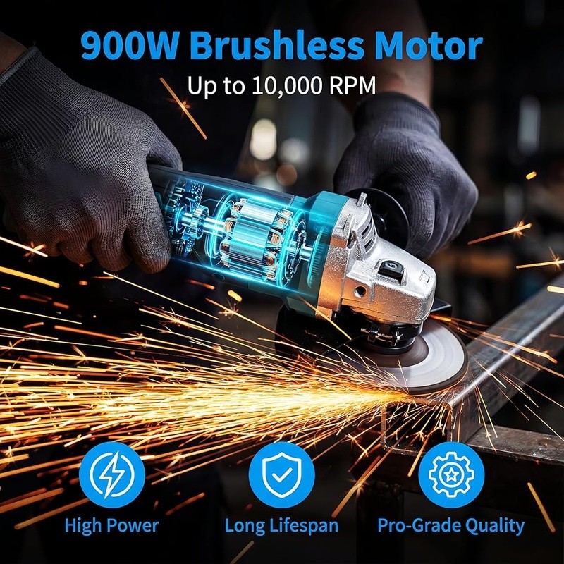 Cordless Angle Grinder 9000 RPM Brushless Motor 2 Batteries Safety Kit New