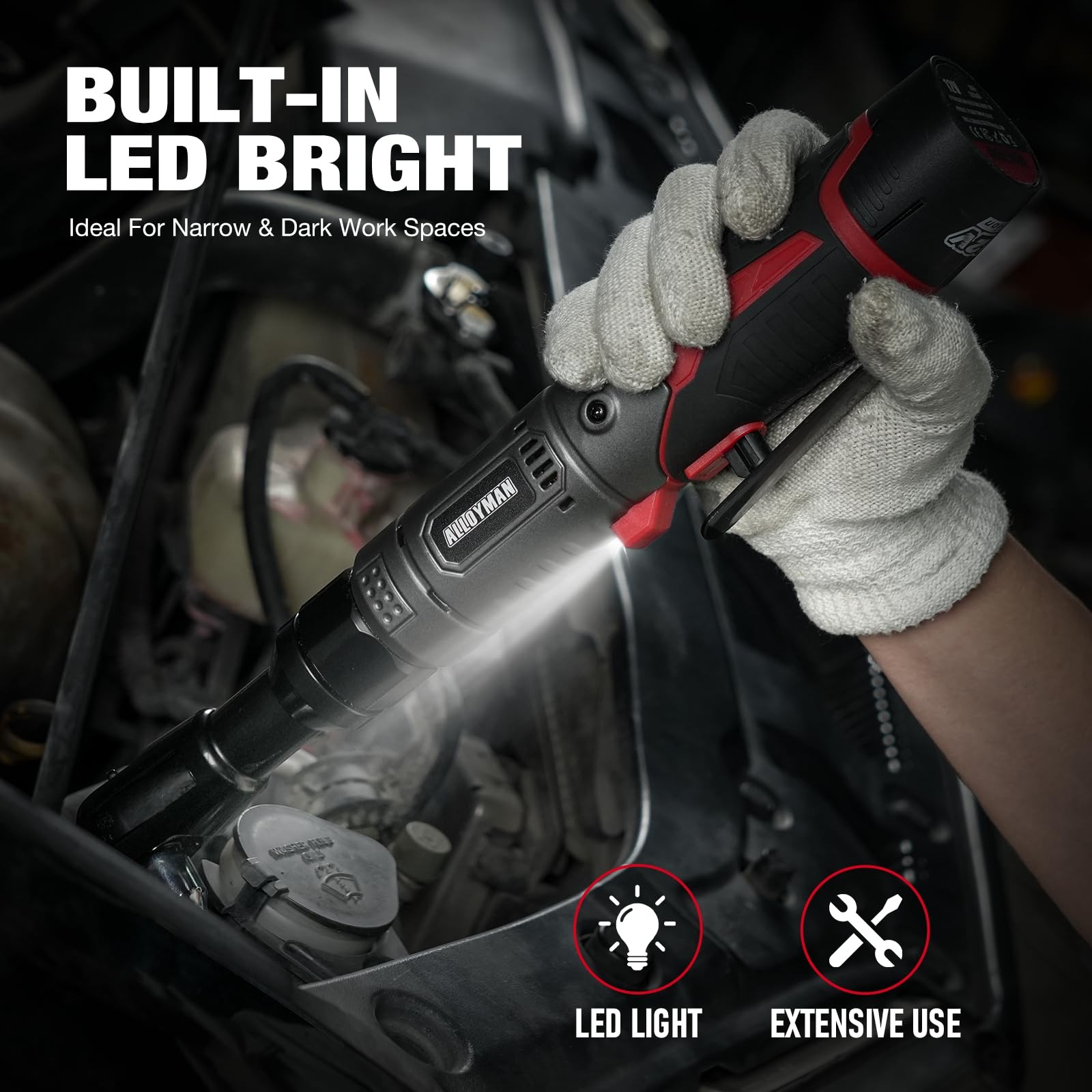 3/8&Prime; Cordless Ratchet Wrench, 60 FT-LBS(80N.M), 12V Extended Reach
