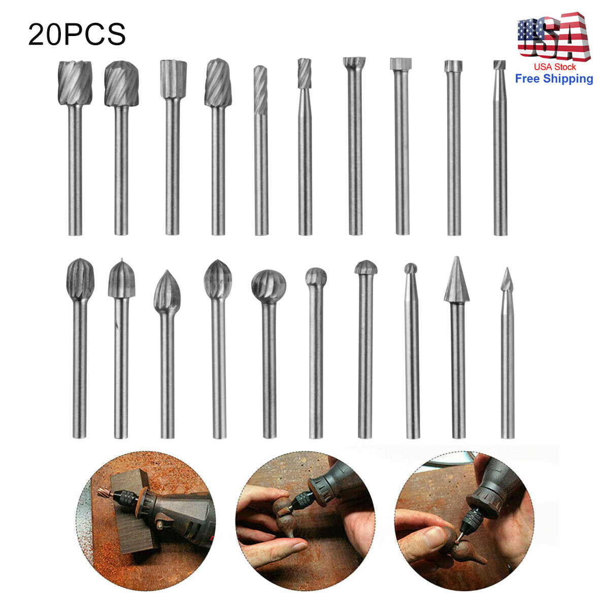 For_Dremel Tool Steel Rotary Burrs High Speed Wood Carving Drill Bits Tool 20Pcs