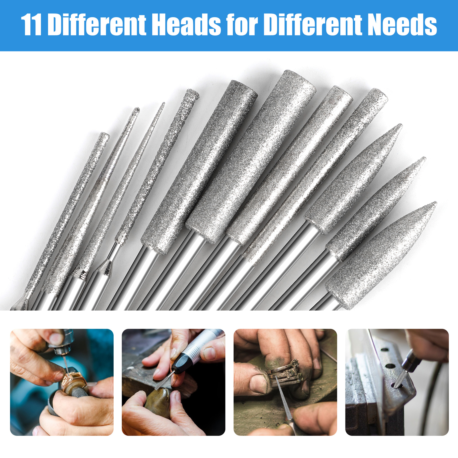 11x Diamond Burr Bits Rotary Tools Kit 1/8&Prime; Shank For Carving Grinding Polishing