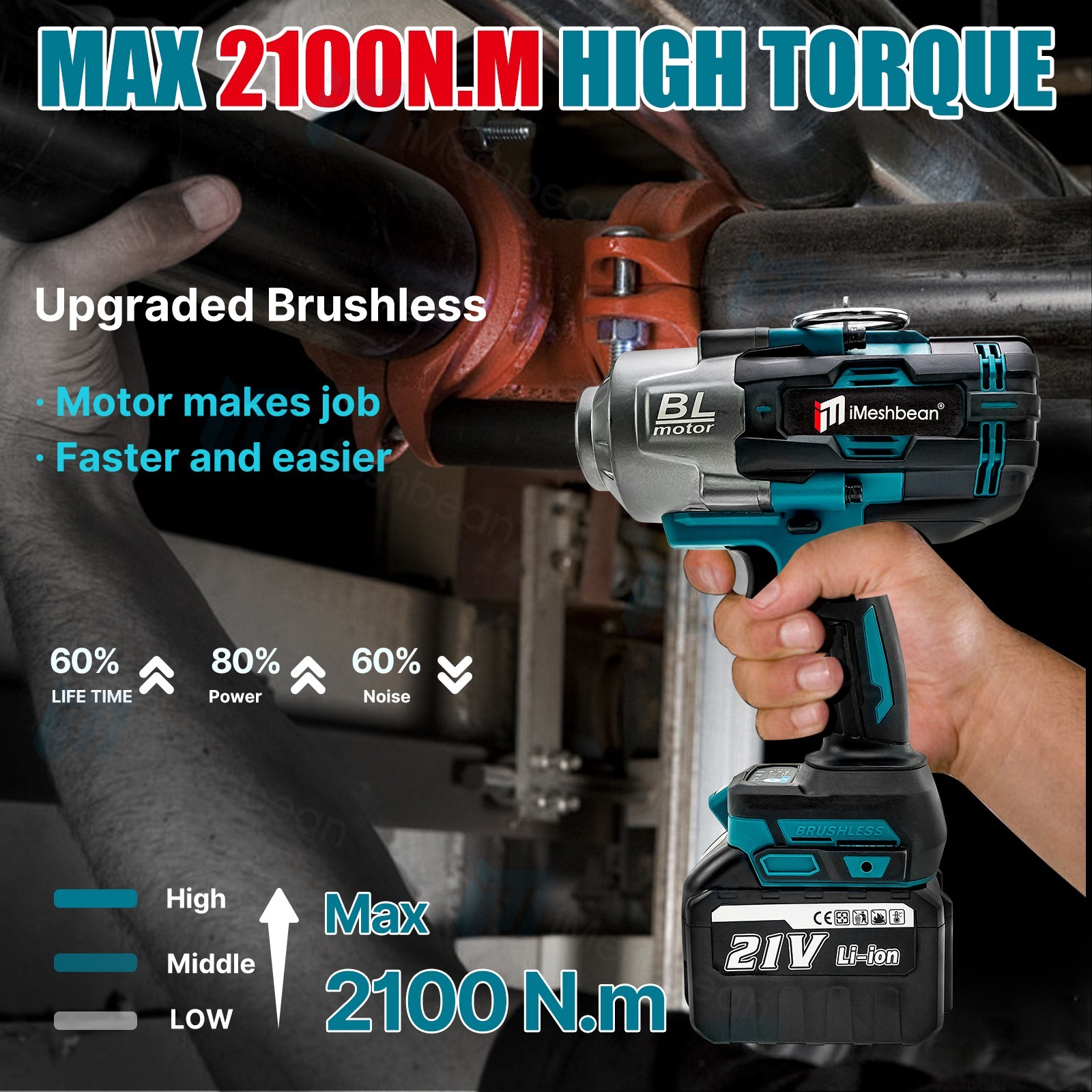 2100 N.m High Torque Impact Wrench 3/4&Prime; Drive W/ 2PCS 21V 8.0A Battery Cordless
