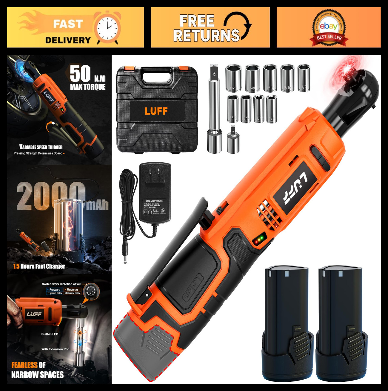 Cordless Electric Ratchet Wrench Kit 3/8&Prime; 12V Power Tool Set, 50N.m, 2 Batteries