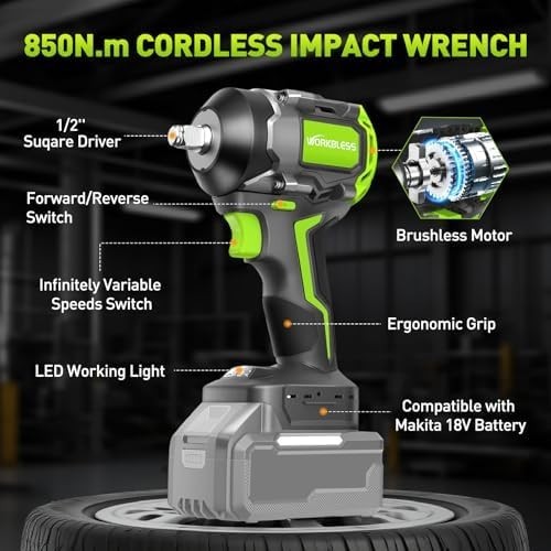 Cordless Impact Wrench 1/2 inch for Lug Nuts, 18V Brushless Power Impact Gun