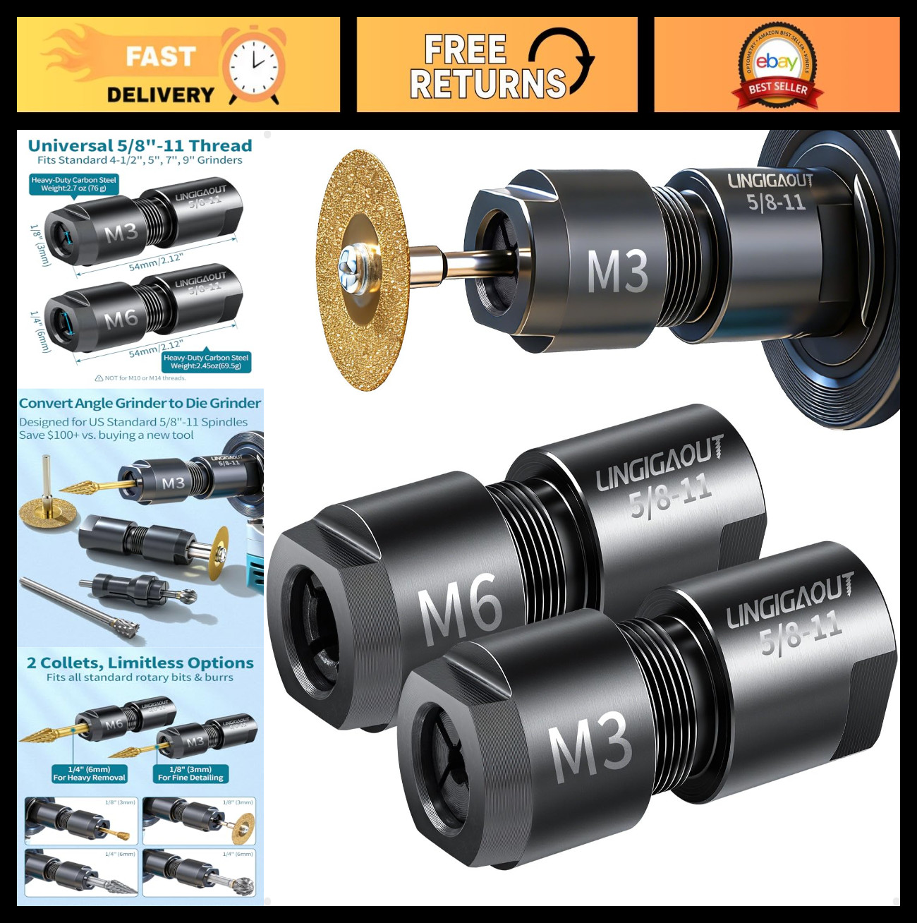2-Pack Angle Grinder to Die Grinder Adapter, 5/8&Prime;-11 to 1/4&Prime; & 1/8&Prime; Collet Chuck
