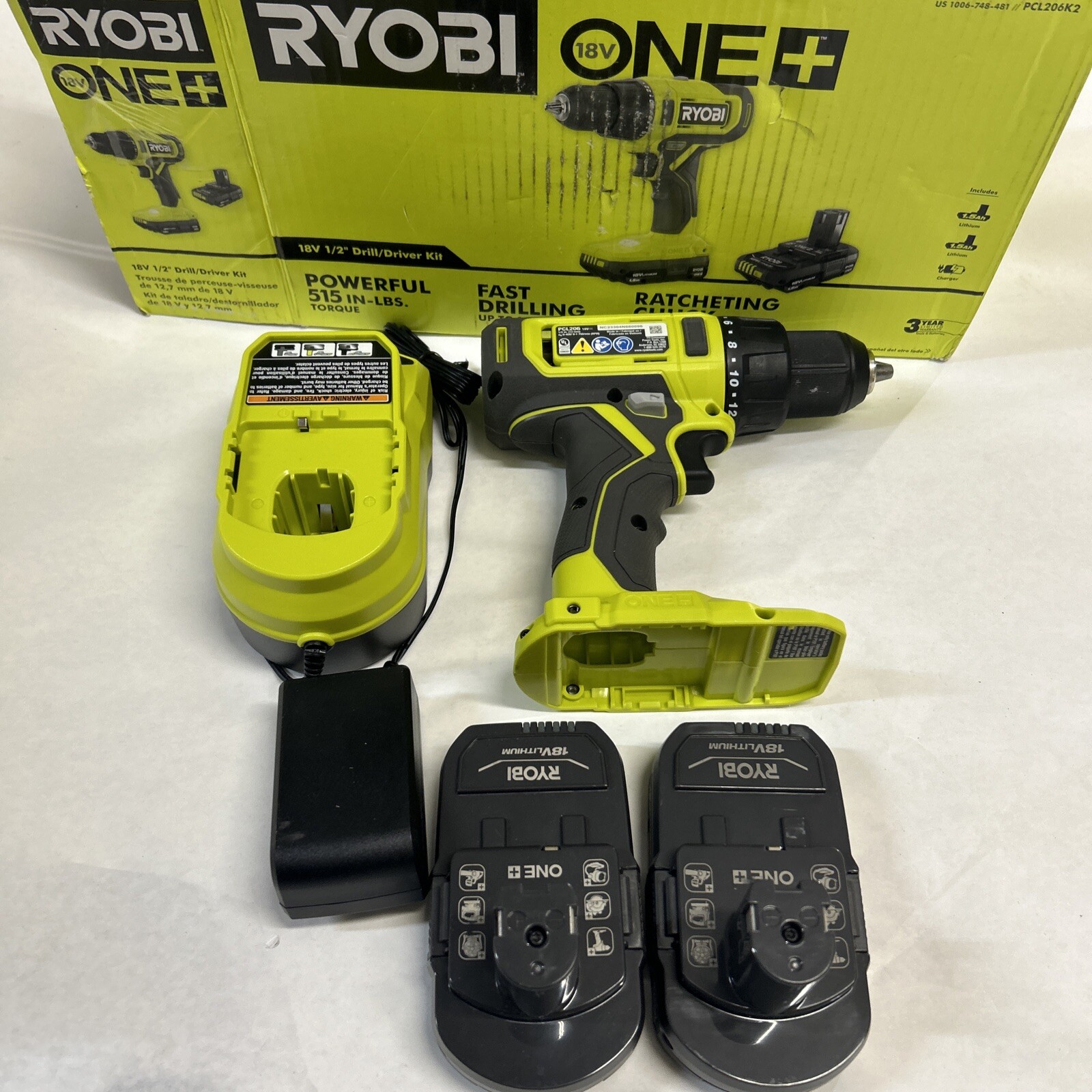 Ryobi ONE+ 18V 1/2 in Drill Driver 2 Speed Two 1.5 Ah Batteries Charger PCL2C354