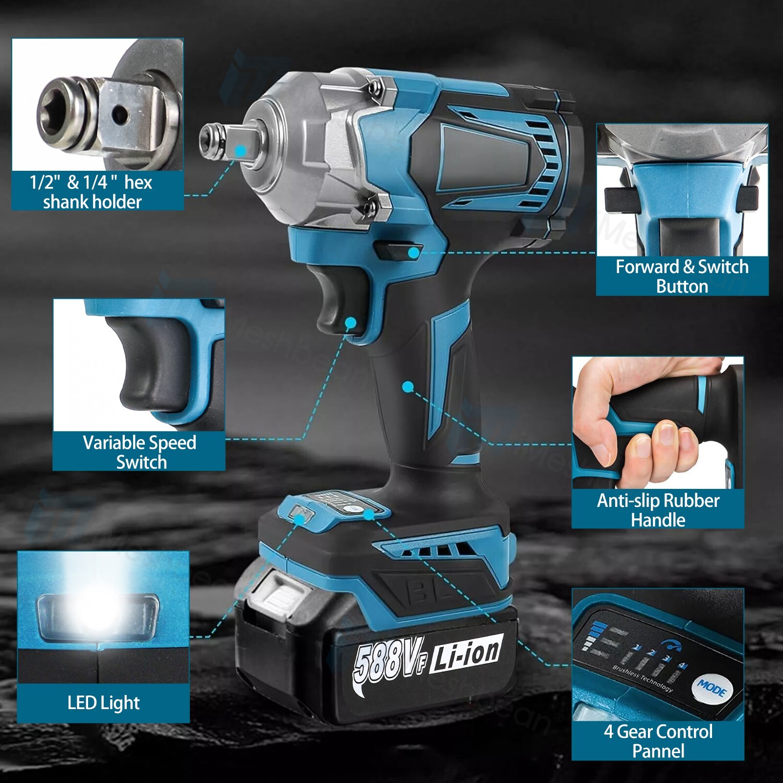 1200N.M Cordless Electric Impact Wrench Gun 1/2 » High Power Driver W/ 2Battery