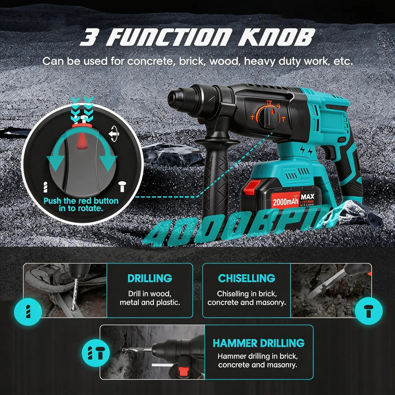 21V Brushless SDS Rotary Hammer Drill 3-Mode Safety Clutch For Concrete Masonry
