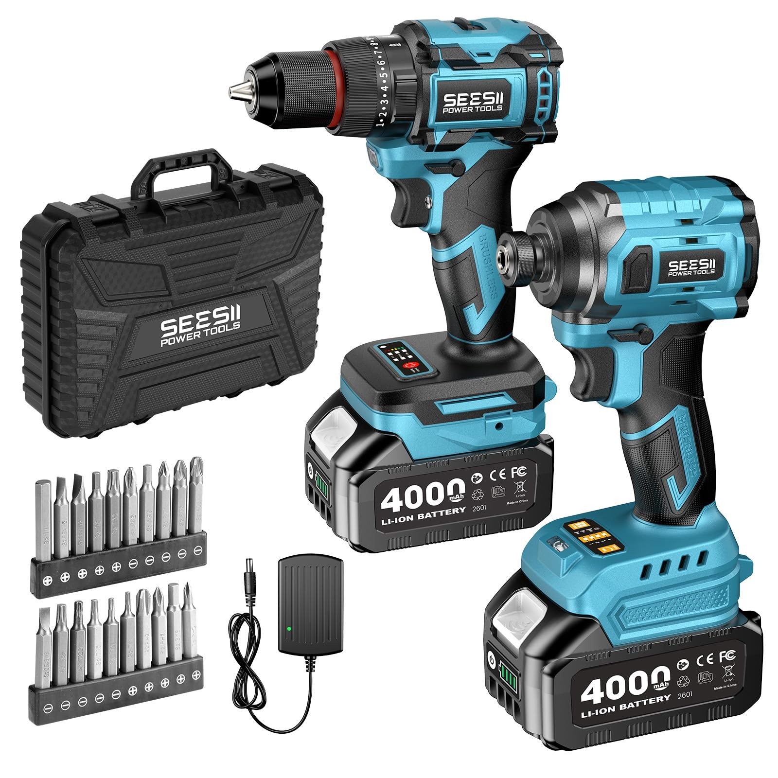 Power Tool Combo Kit 2x 4000mAh Battery 20 Pcs Bit